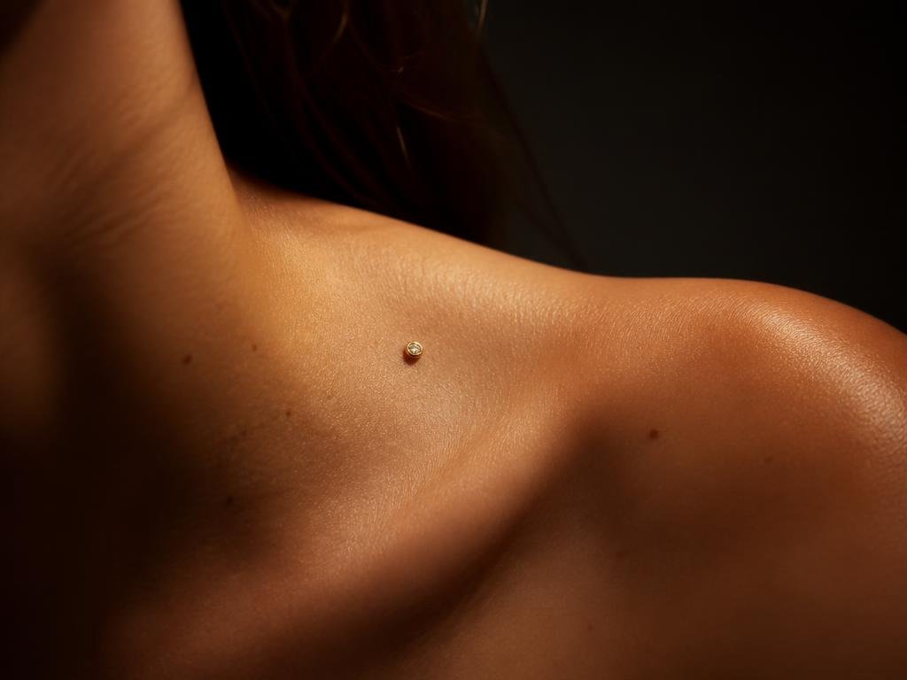 Single small gold dermal anchor gem on a collarbone