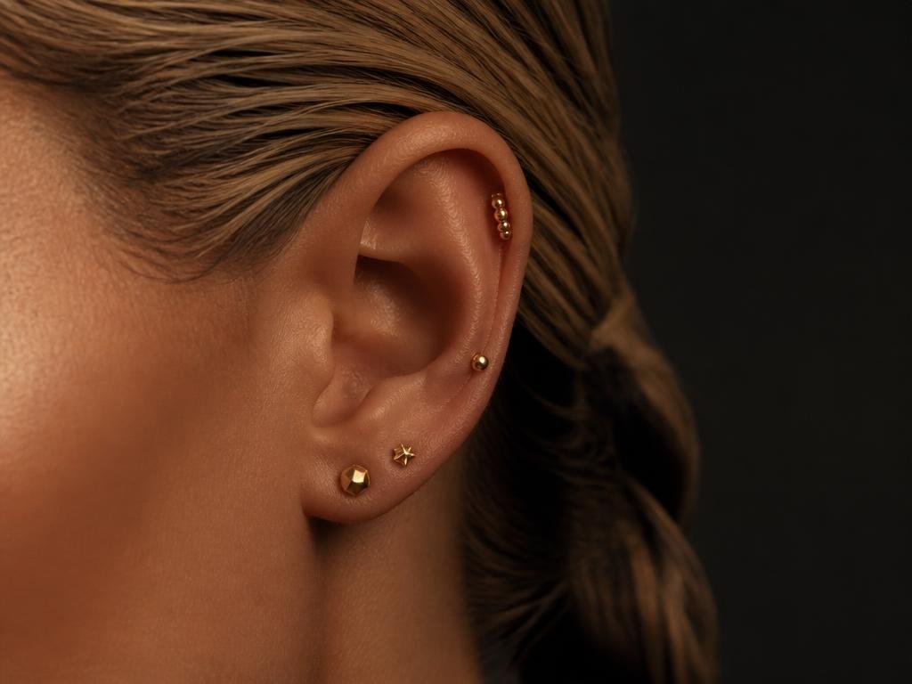 Close-up of an ear with delicate gold lobe and helix stud piercings