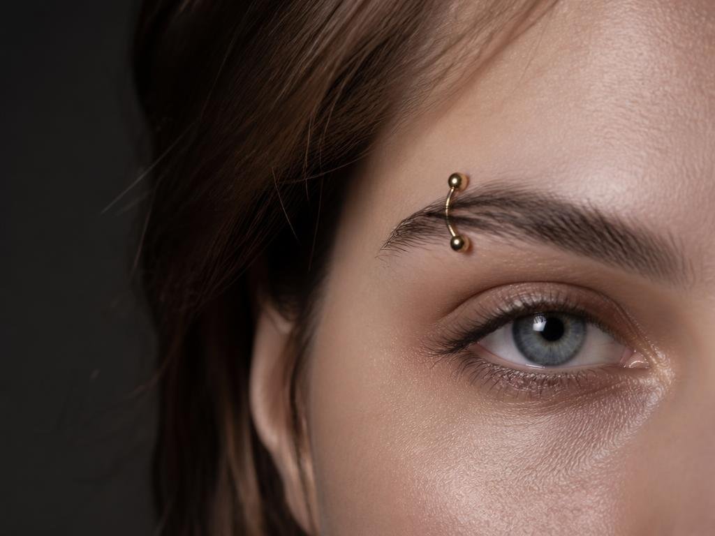 Close-up of an eyebrow with a small curved gold barbell piercing