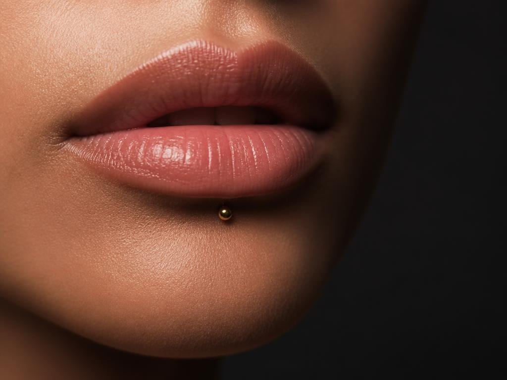 Close-up of lips with a small gold labret piercing