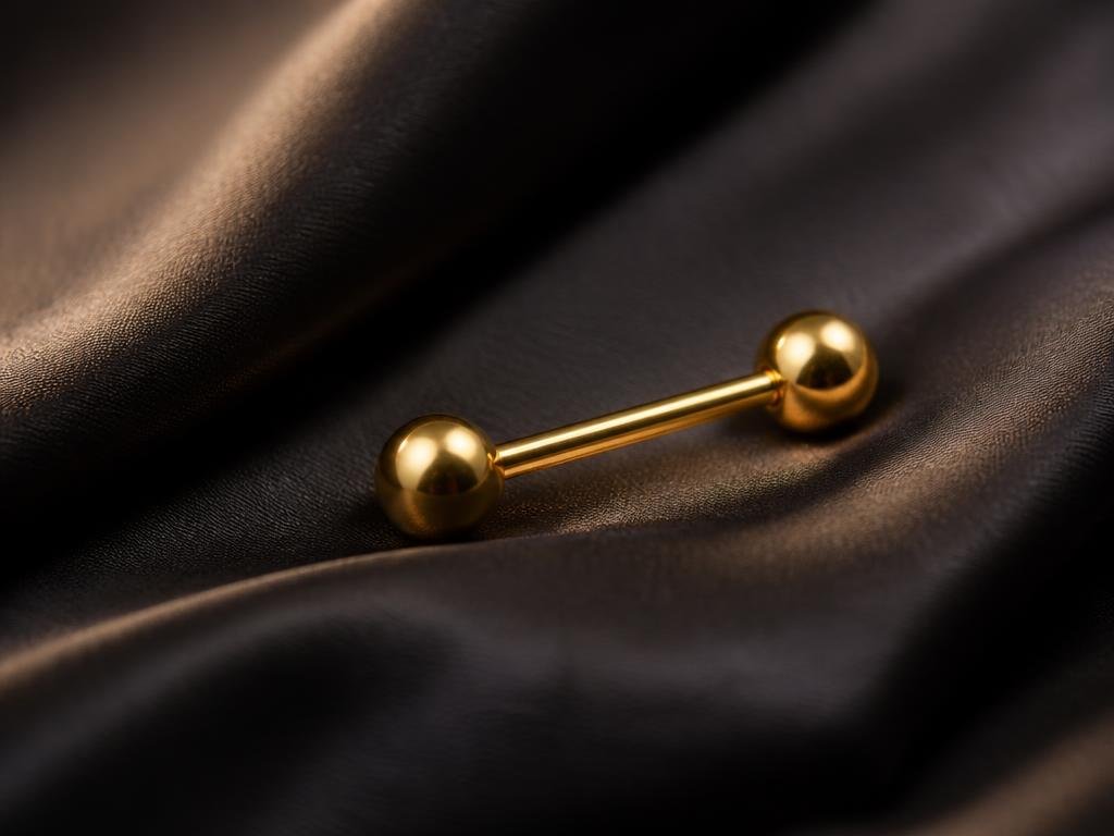 Fine gold barbell body jewellery resting on dark silk