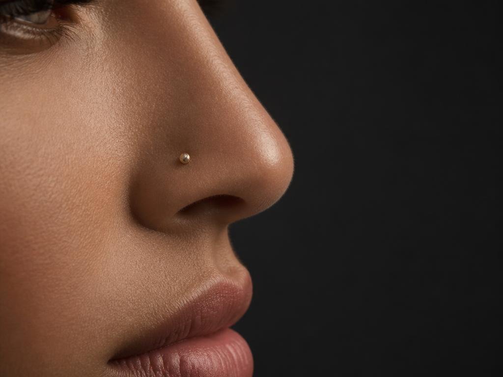 Side profile close-up of a nose with a fine gold nostril stud