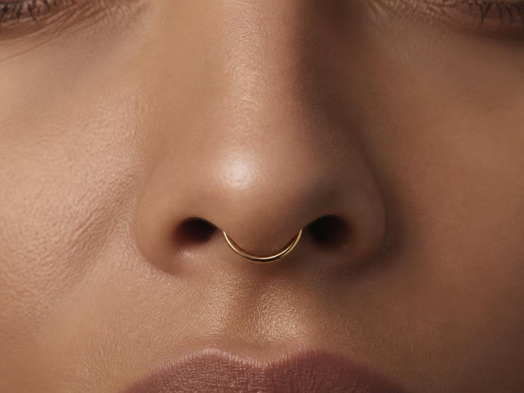 Front view close-up of a nose with a thin gold septum hoop