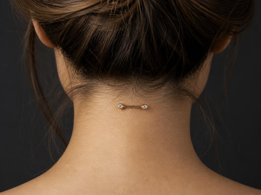 Gold surface bar piercing with two gems on the nape of a neck