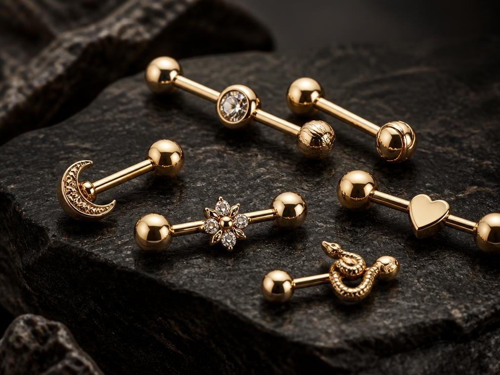 Gold barbell body jewellery pieces arranged on black stone
